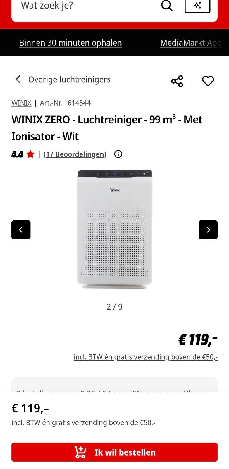 WINIX ZERO Luchtreiniger - 99m³, Ophalen, Zo goed als nieuw, Luchtreiniger