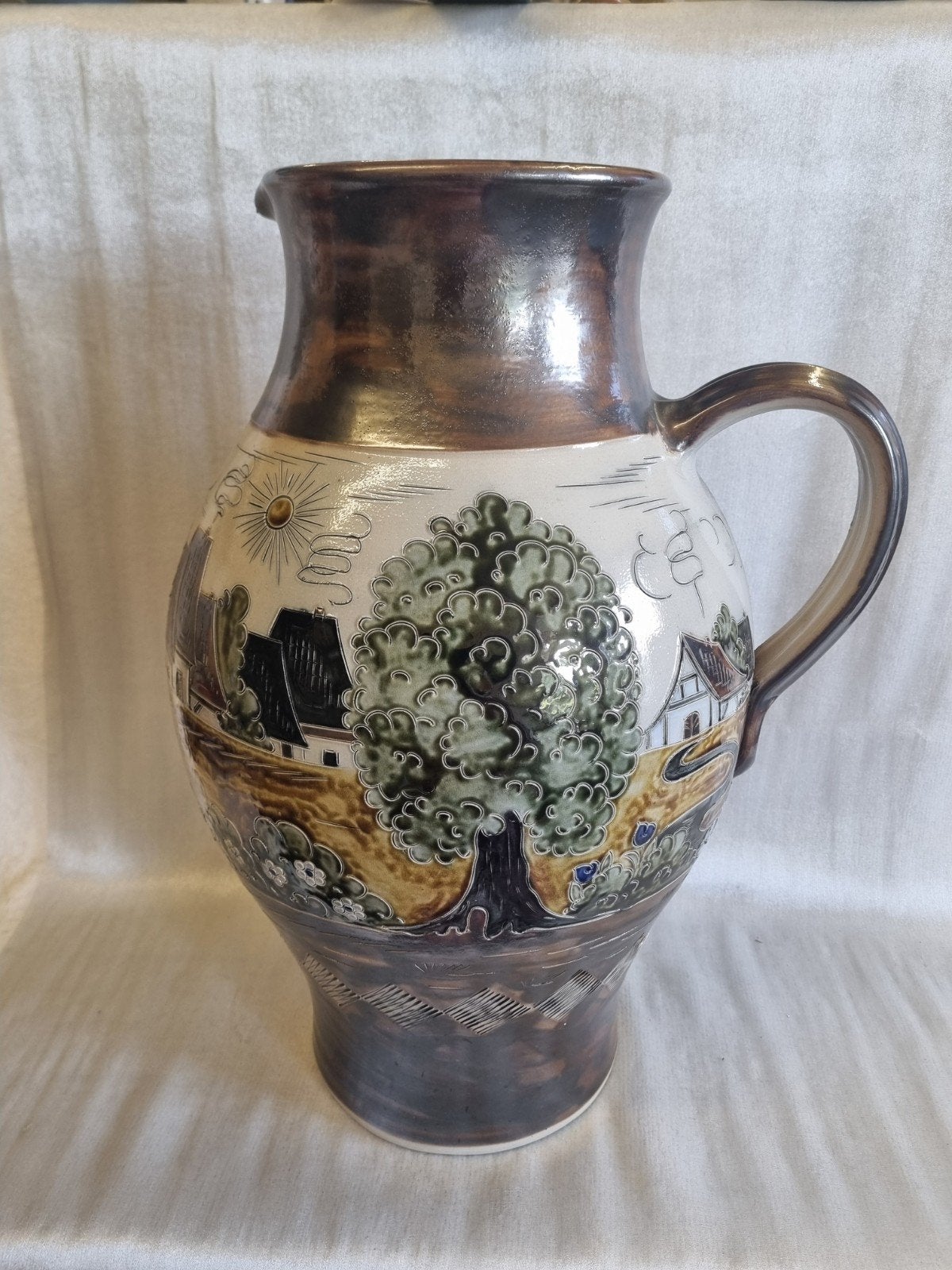 Vintage 50cm Aardewerk Kruik met Landschap en Huizen, Ophalen of Verzenden