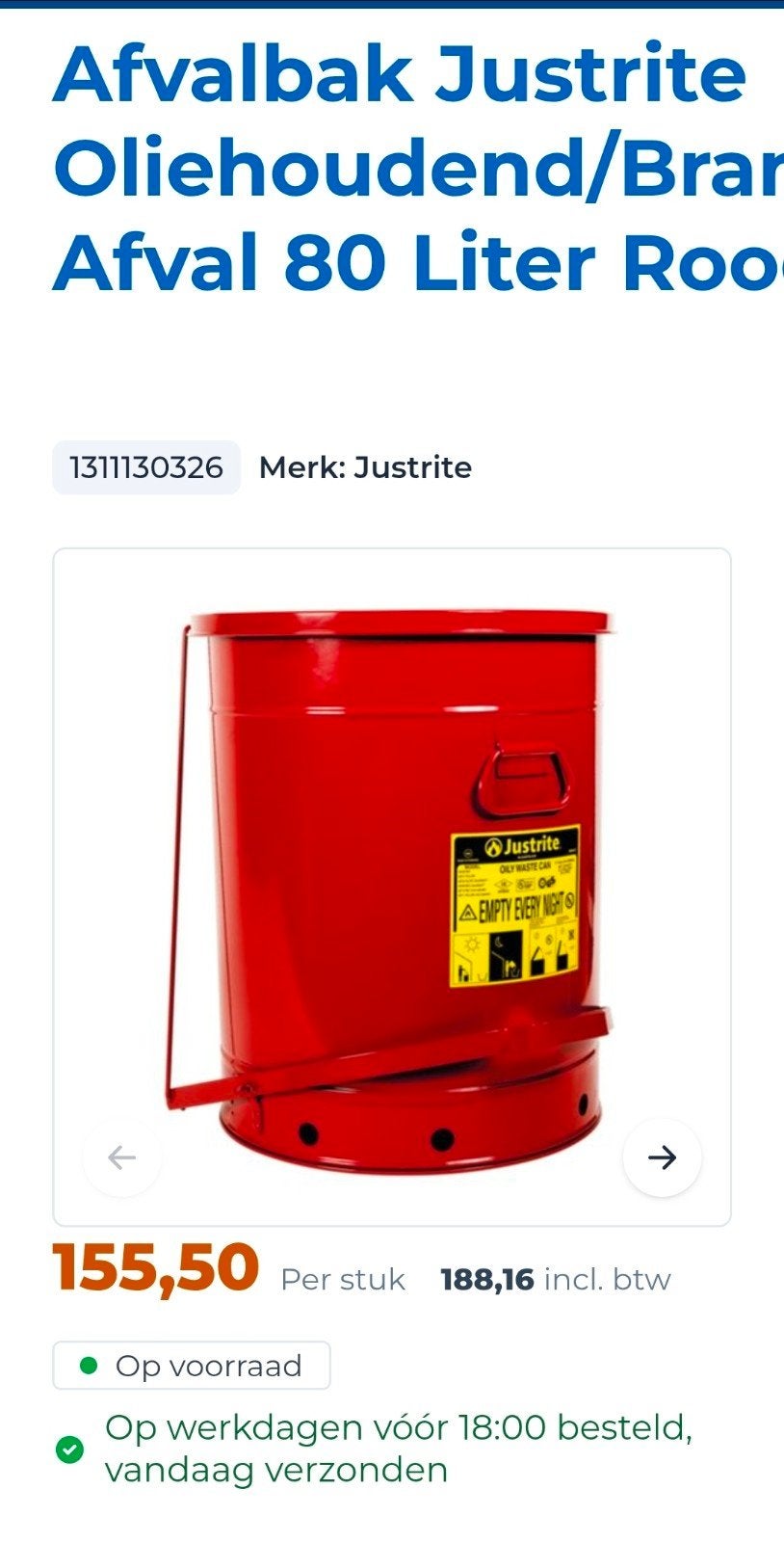 Justrite Afvalbak Oliehoudend/Brandbaar Afval 80 Liter Rood, 50 – 75, Met pedaal, Nieuw, Ophalen of Verzenden