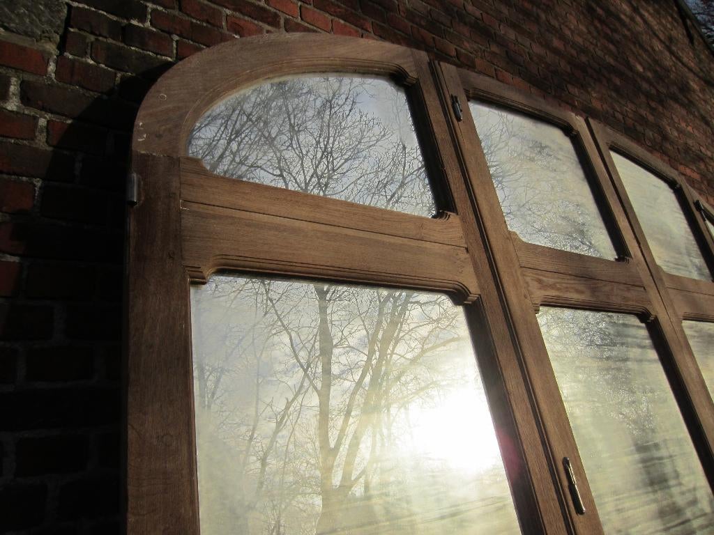 314hx300br Antieke vergrijsd eiken vierslag met spiegelglas, Ophalen