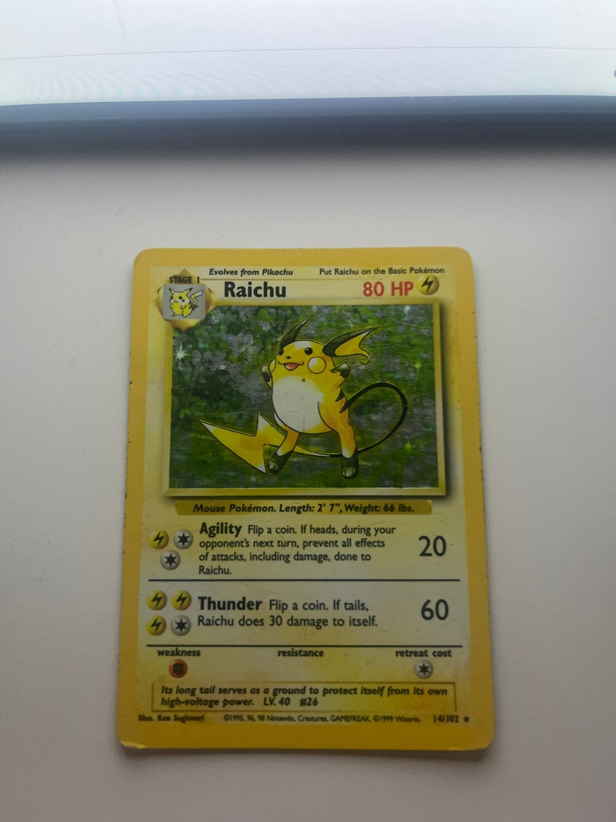 Raichu 14/102 Holo Pokémon kaart - Base Set, Hobby en Vrije tijd, Ophalen of Verzenden, Gebruikt, Losse kaart, Foil