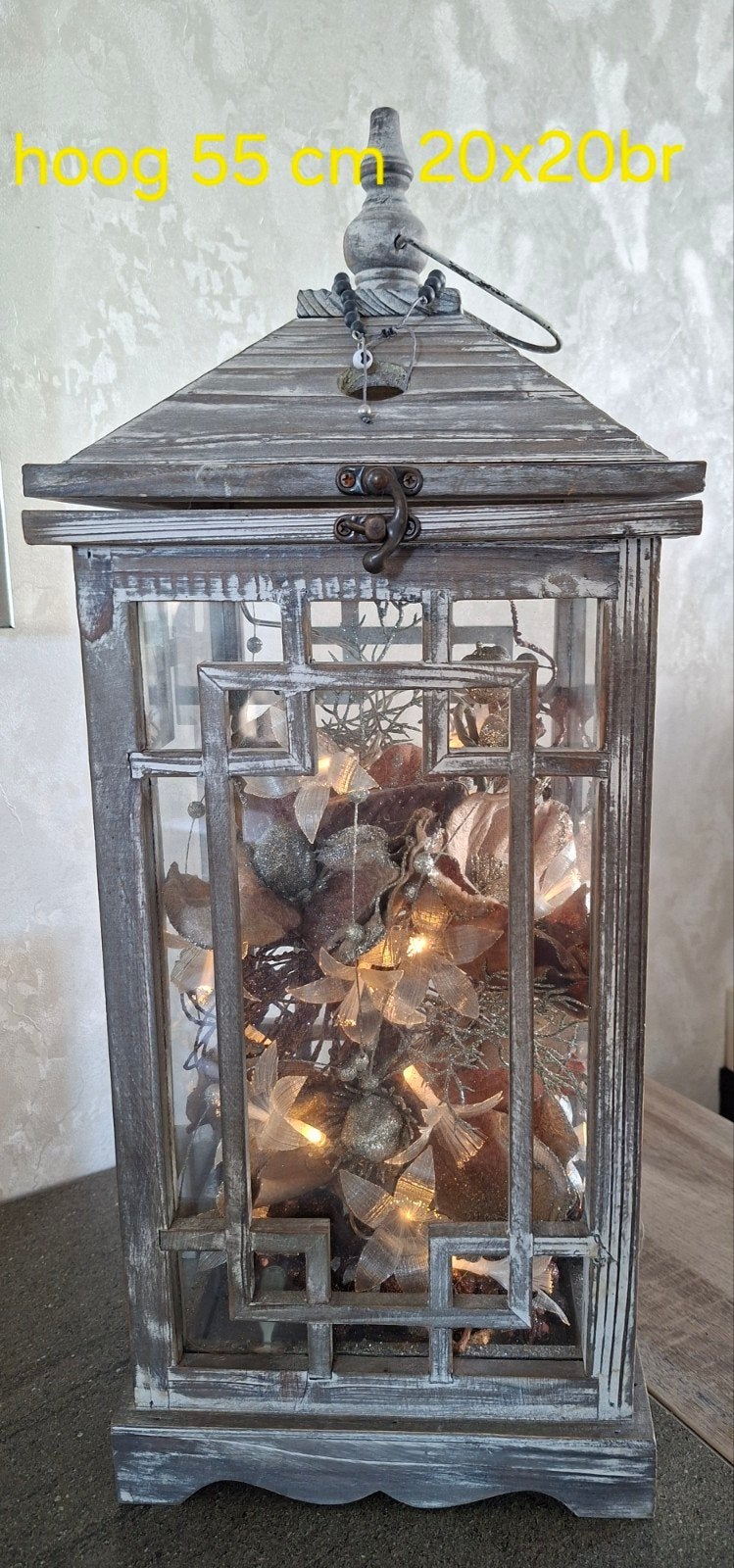 Mooie houten lantaarn met verlichting, 55cm hoog, Ophalen, Hout, Gebruikt, Landelijk