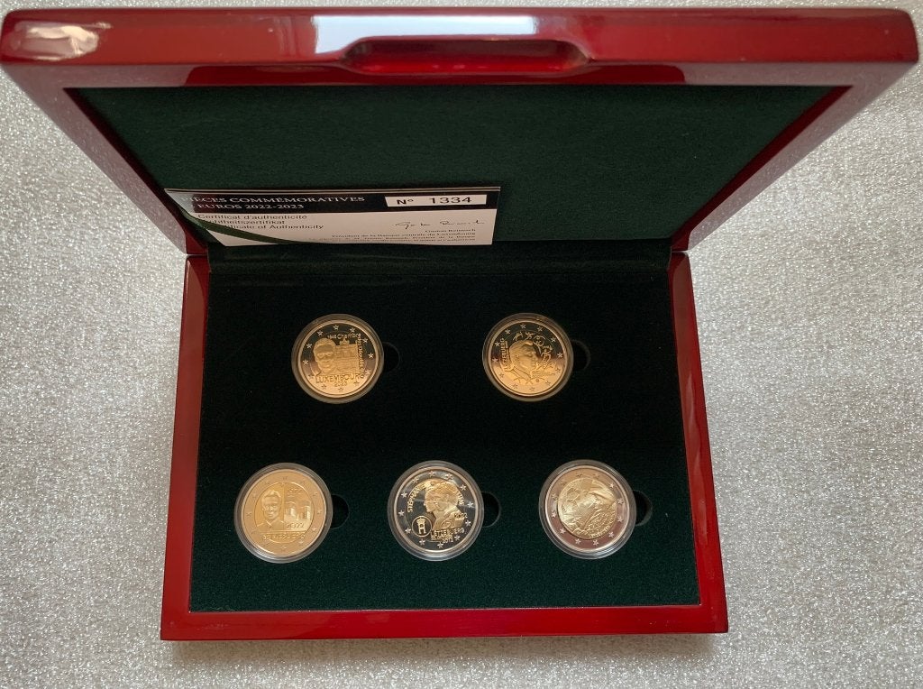 Proof set 5x 2 Euro Luxemburg 2022-2023 in cassette, Verzenden, Luxemburg, 10 euro, Setje