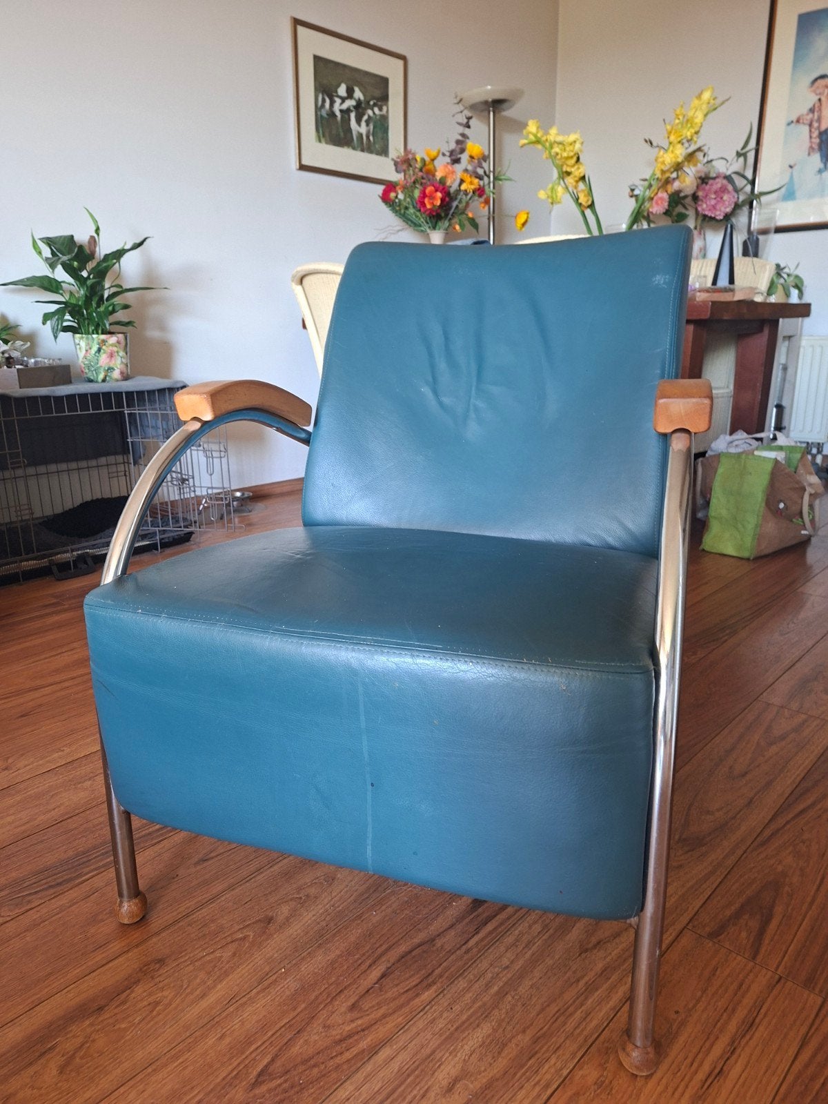 Vintage fauteuil met chromen frame en blauwgroen leer, Antiek en Kunst, Ophalen
