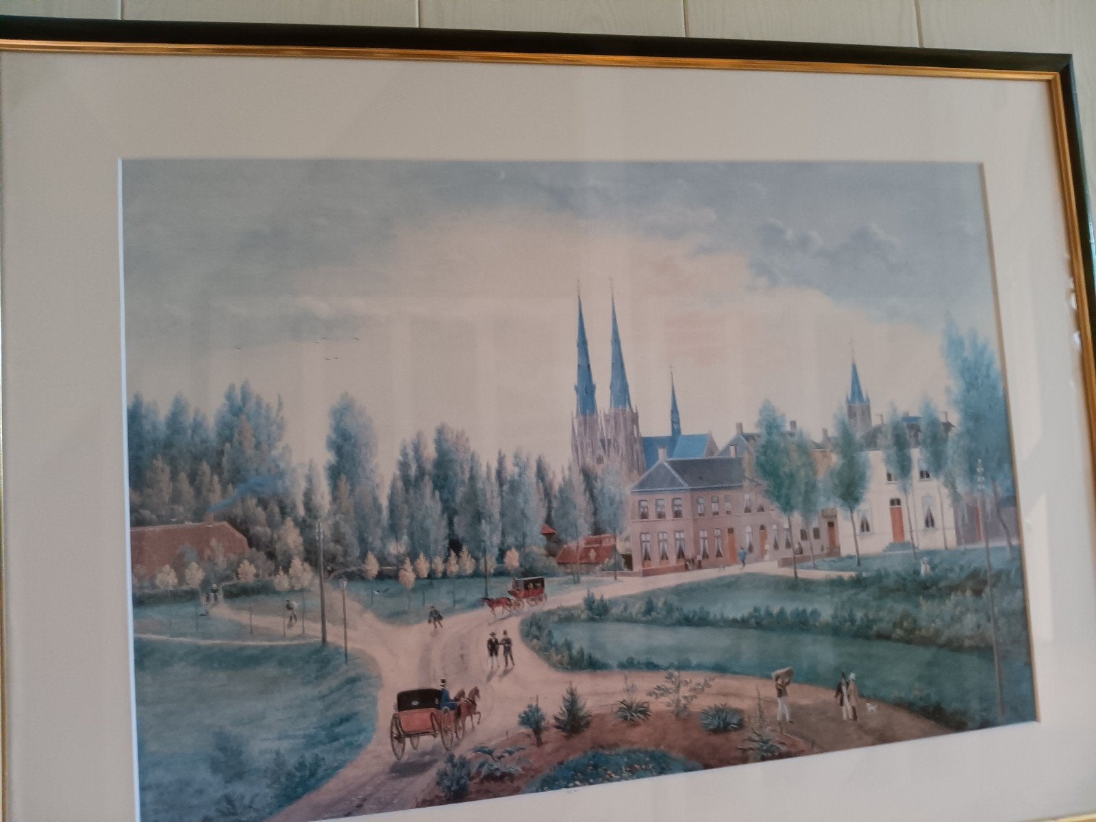 Ingelijste aquarel: Historisch stadsgezicht met koetsen, Ophalen of Verzenden