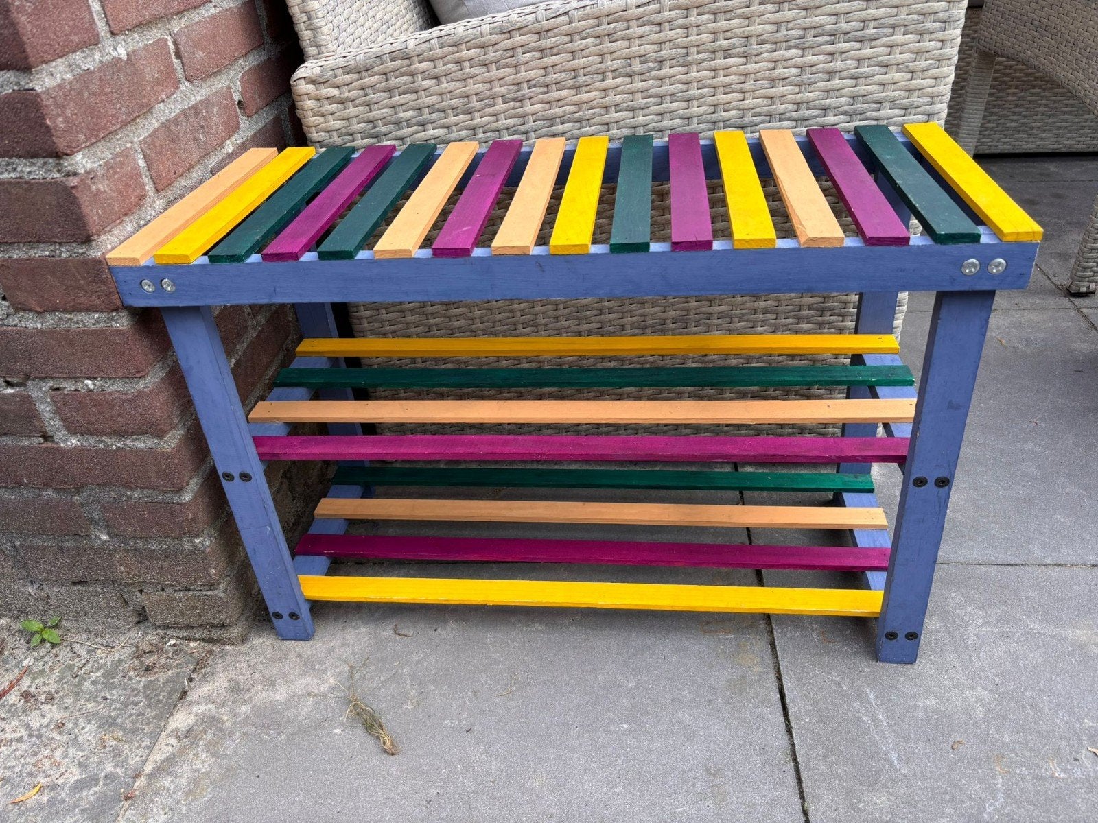Kleurrijk houten bankje/schoenenrek/kinder boekenkast, Huis en Inrichting, Kasten | Schoenenrekken, Ophalen, Zo goed als nieuw