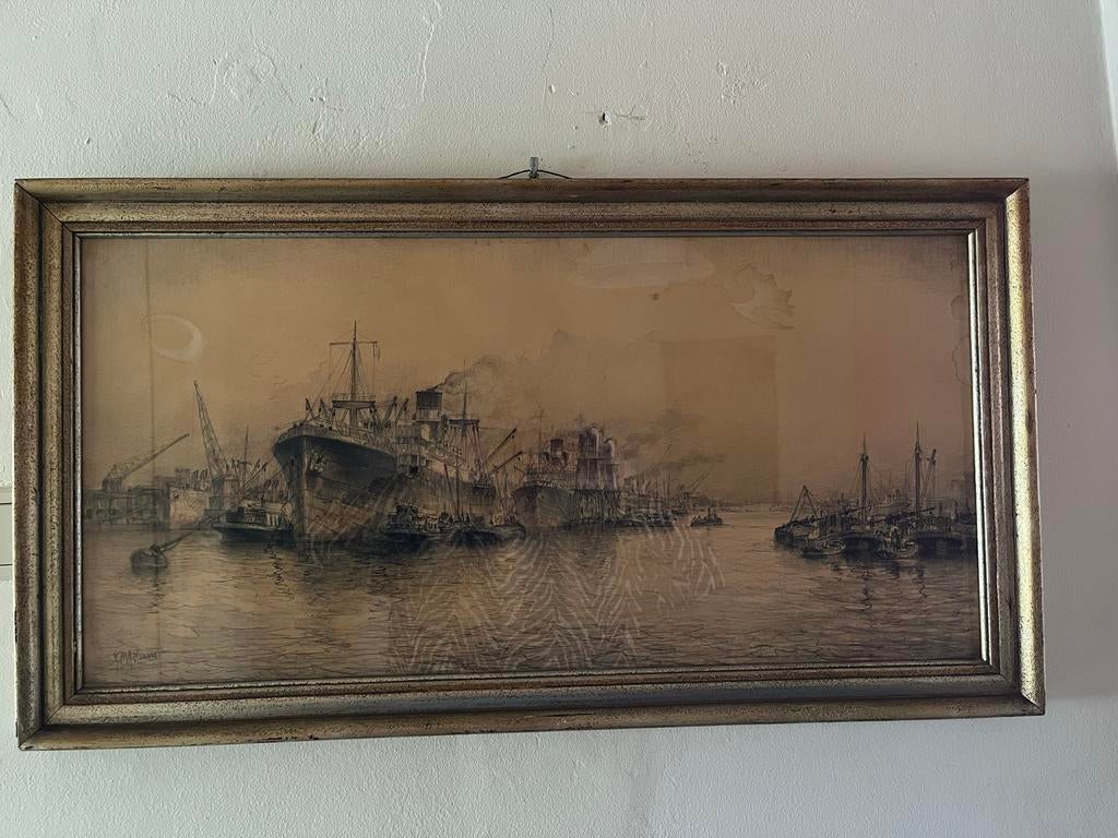 Haven van Rotterdam Tekening - Gesigneerd Joop Molenaar, Antiek en Kunst, Ophalen