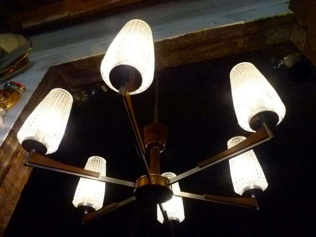 vintage luchter Mid - Century hanglamp 60er teak, Ophalen, Gebruikt, Glas, Mid-century