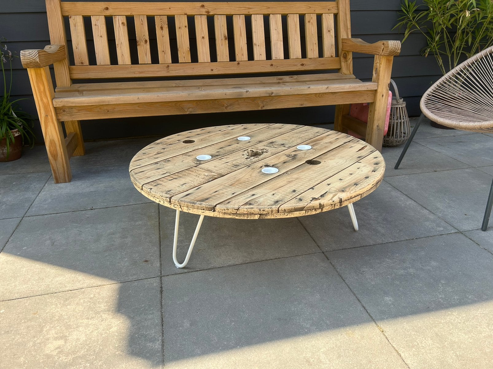 Ronde salontafel hout met stalen hairpin poten wit NIEUW, Grenenhout, 50 tot 100 cm, Rond, Nieuw