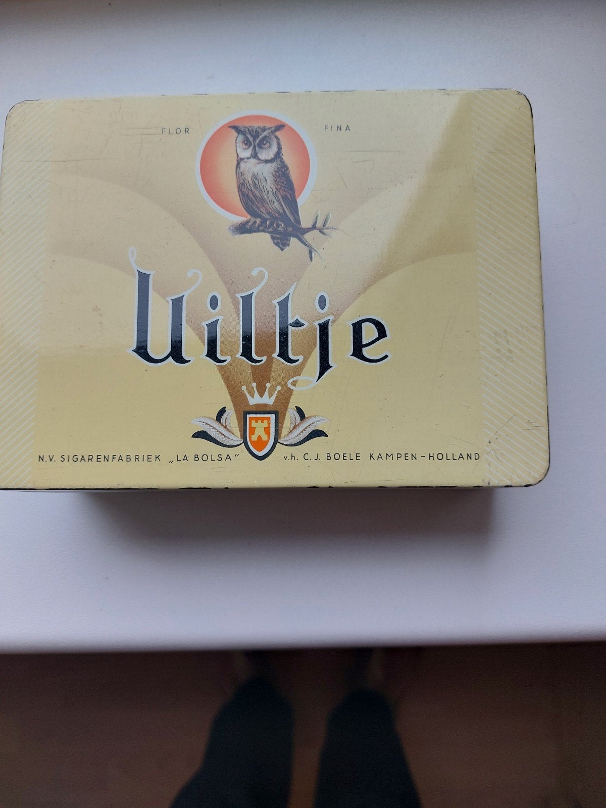 Vintage sigarenblik Uiltje van La Bolsa, Ophalen of Verzenden, Gebruikt, Tabaksdoos of Verpakking