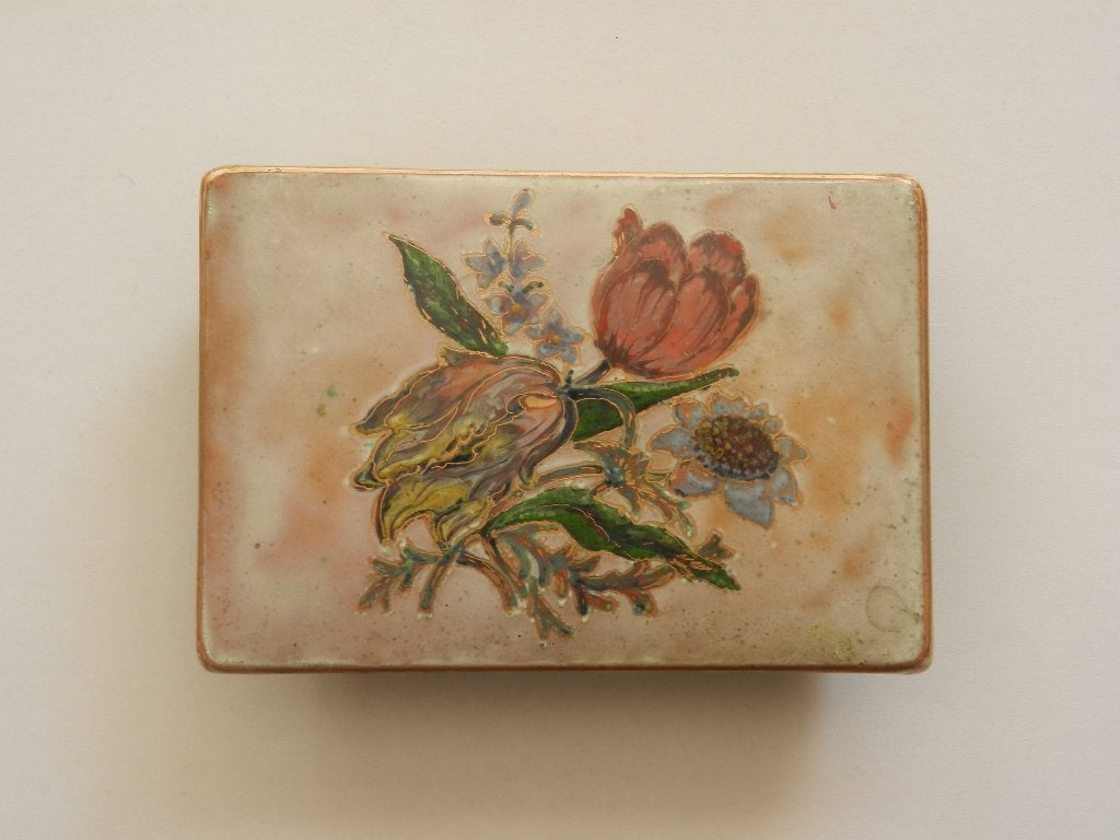 Fraaie email emaille dekseldoos bloemdecor Hollands ca. 1960, Ophalen of Verzenden