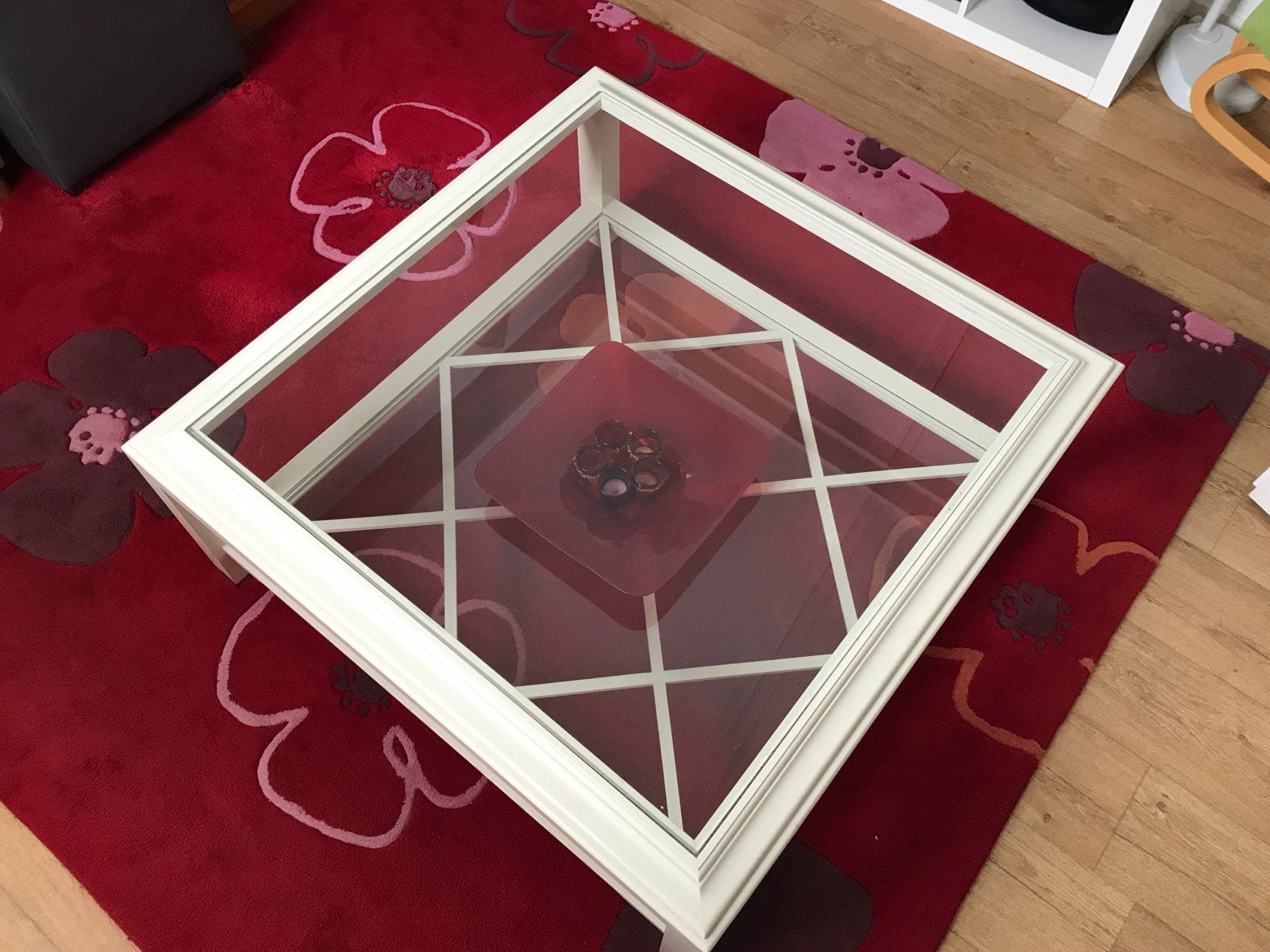 Witte salontafel met glasplaat, 100x100x40 cm, Ophalen, Gebruikt, 100 tot 150 cm, Vierkant