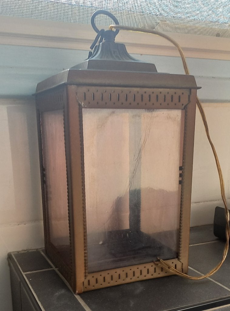 Oude metalen hanglantaarn met grote fitting, Ophalen of Verzenden, Gebruikt, Metaal, E27 (groot)