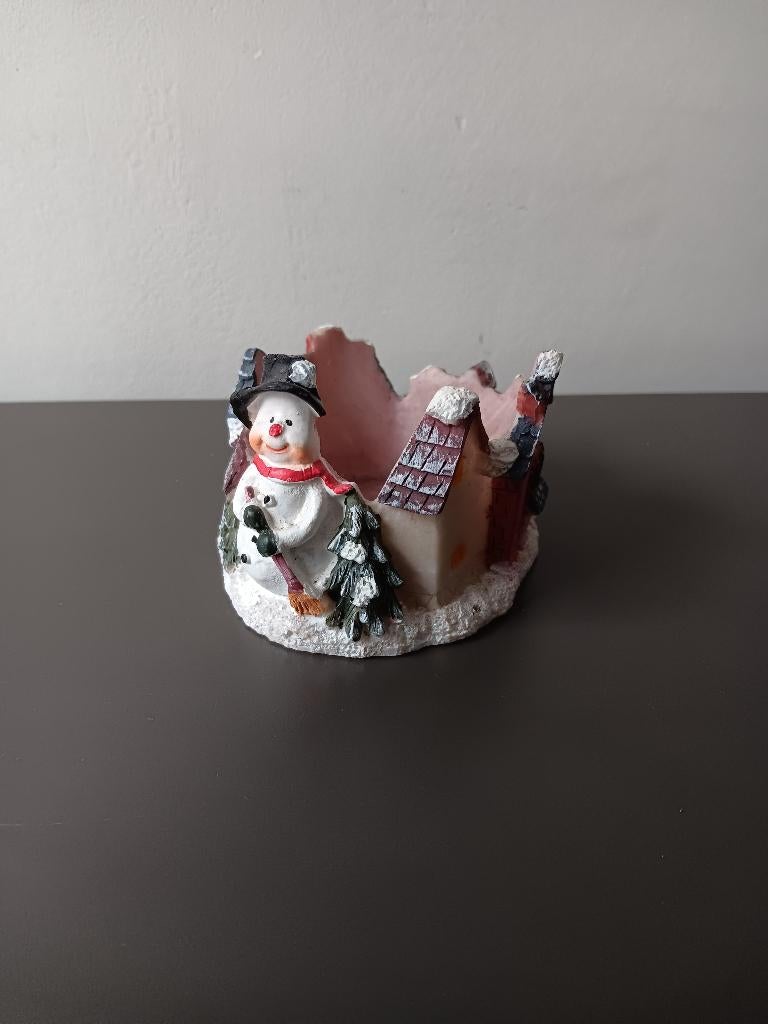 Kerst theelichthouder met sneeuwpop en huisjes, Ophalen of Verzenden, Gebruikt