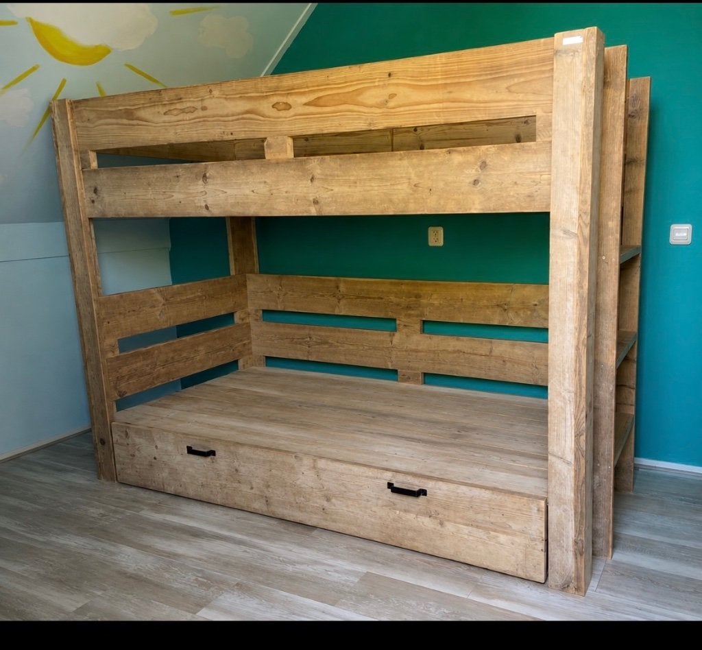 Stapelbed steigerhout, Ophalen, 100 cm, 210 cm, 160 tot 180 cm