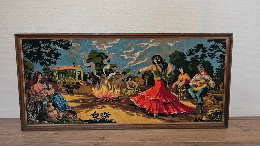 Prachtig groot geborduurd schilderij Frans, Antiek en Kunst, Ophalen