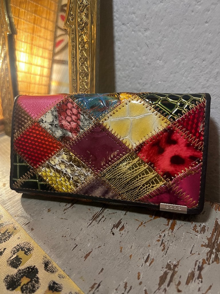 Vintage leren patchwork Temanli DOOS portemonee portefeuille, Ophalen of Verzenden, Zo goed als nieuw, Overige kleuren, Leer