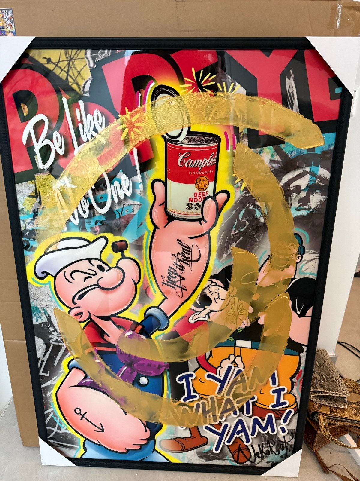 Pop Art Schilderij: Popeye met Campbell's Soep, Antiek en Kunst, Ophalen of Verzenden, Ingelijst, Gemengde techniek, Overige materialen