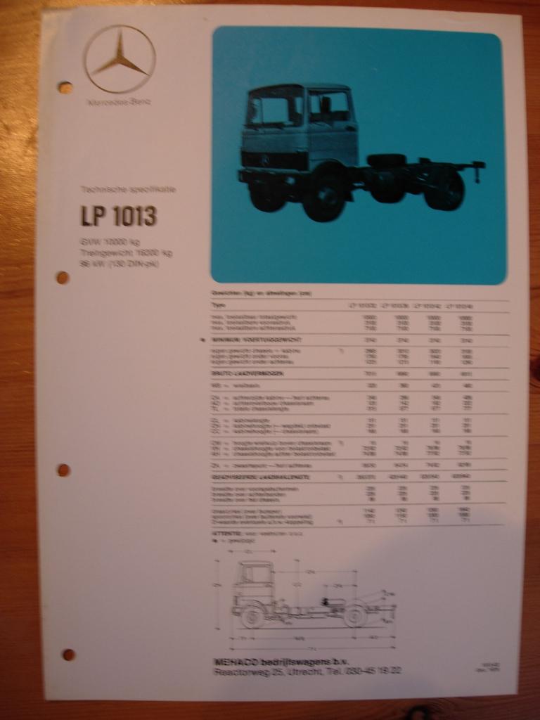 Mercedes LP 1013 Technische Specificatie folder 1979 LP1013, Zo goed als nieuw, Mercedes-Benz, Mercedes, Ophalen of Verzenden