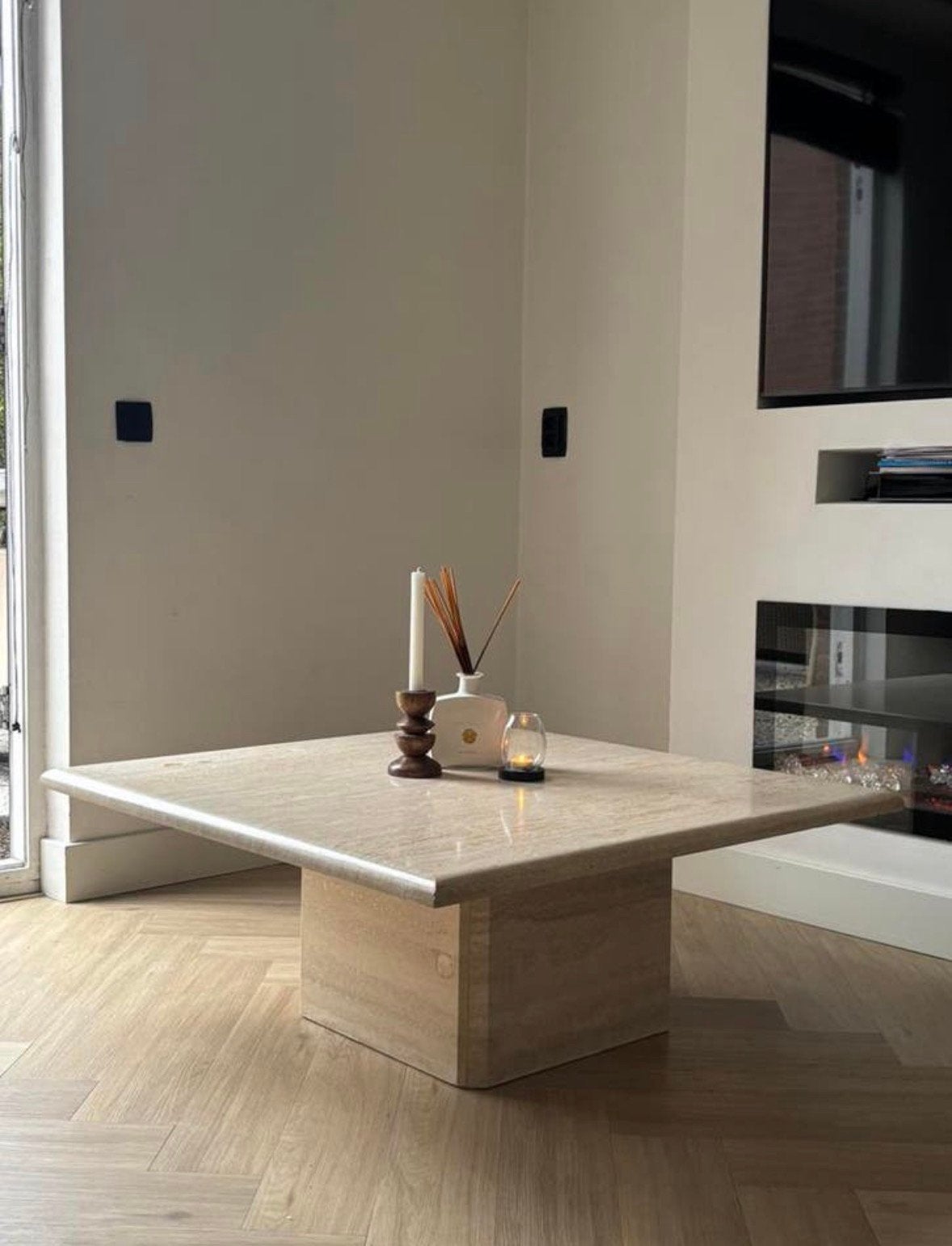 Travertin salontafel, Huis en Inrichting, Ophalen, Overige materialen, 50 tot 100 cm, Travertin japandi vintage marmeren natuursteen