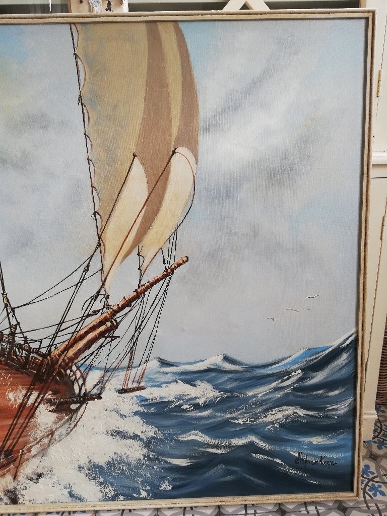 155x125 Enorm vintage painting oil Stephen Kaye, zeilen/zee, Antiek en Kunst, Ophalen, Gesigneerd, Maritiem / water, Doek