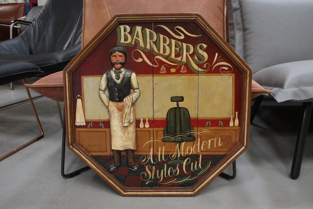 Uniek oud houten bord BARBER kapper vintage wandbord reclame, Gebruikt, Hout, Wandbord of Wandpaneel, 61 cm