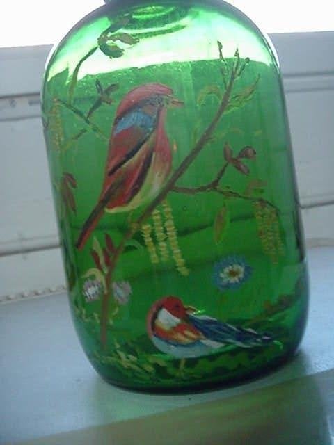Een Spaanse ronde sherry fles, die met vogels beschilderd is, Ophalen of Verzenden