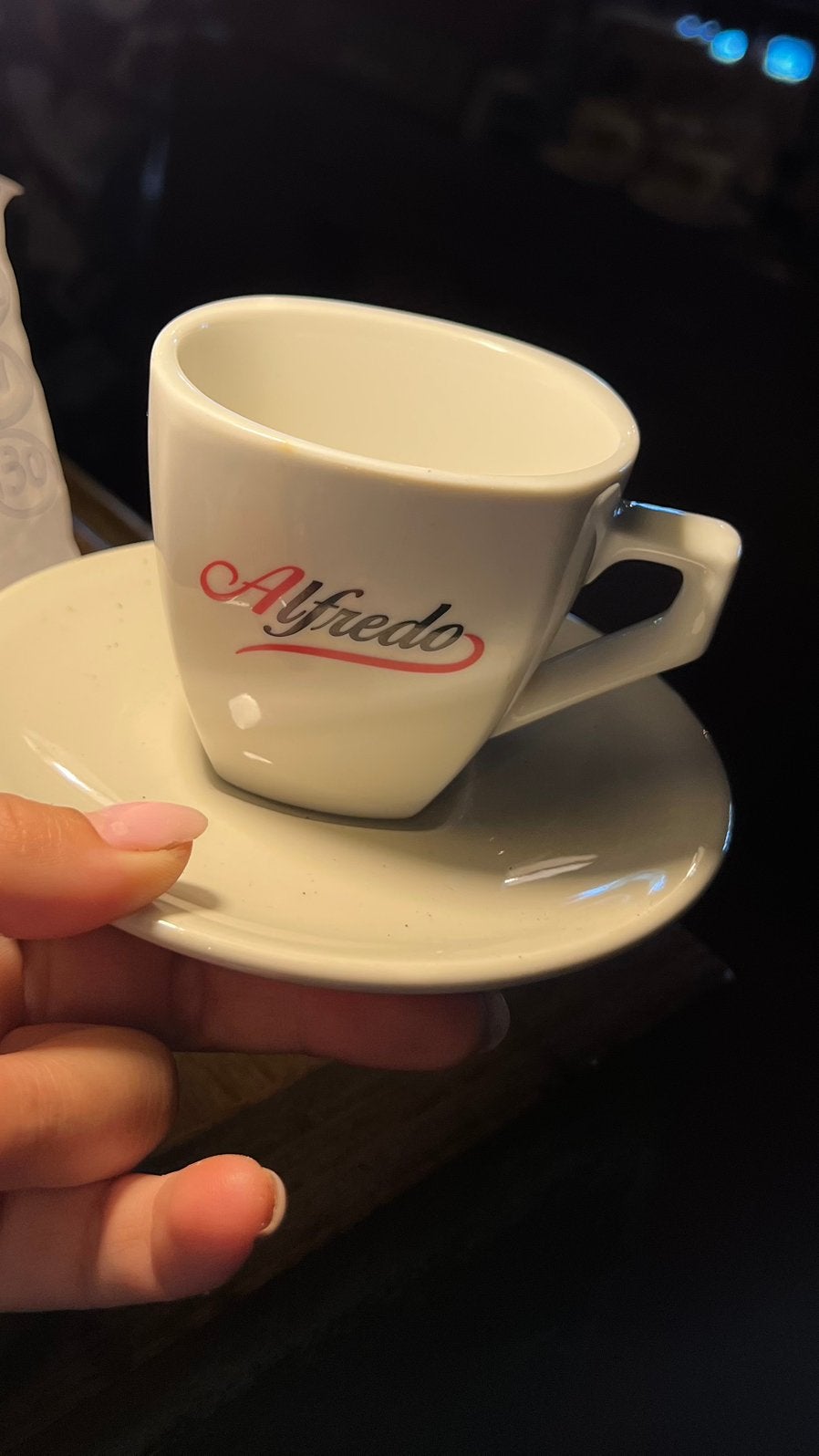 Alfredo koffie mok plus schotel, Ophalen of Verzenden, Zo goed als nieuw, Porselein, Kop en/of schotel