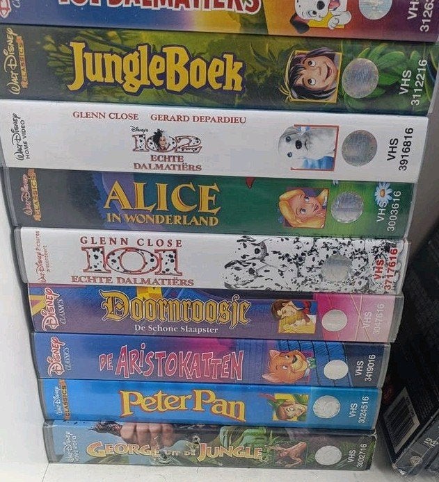 Disney VHS Collectie 101 Dalmatiërs, Jungle Boek, Alice, etc, Gebruikt, Tekenfilm, Alle leeftijden, VHS