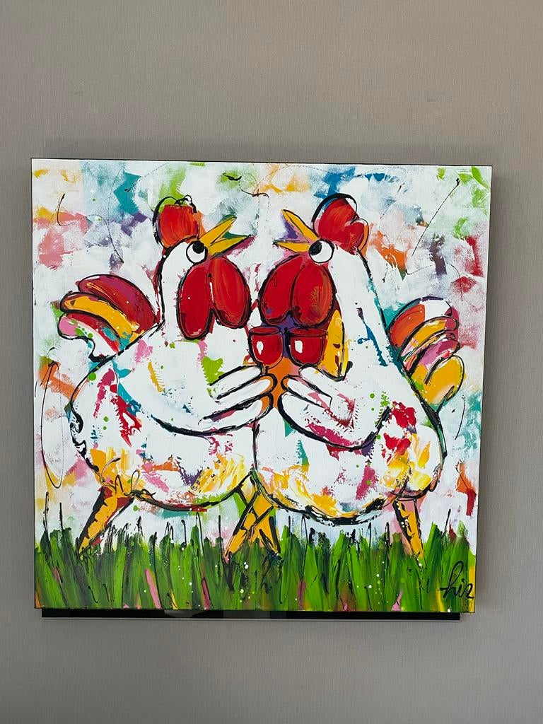 Vrolijk kippen schilderij - 80x80 cm, Ophalen of Verzenden