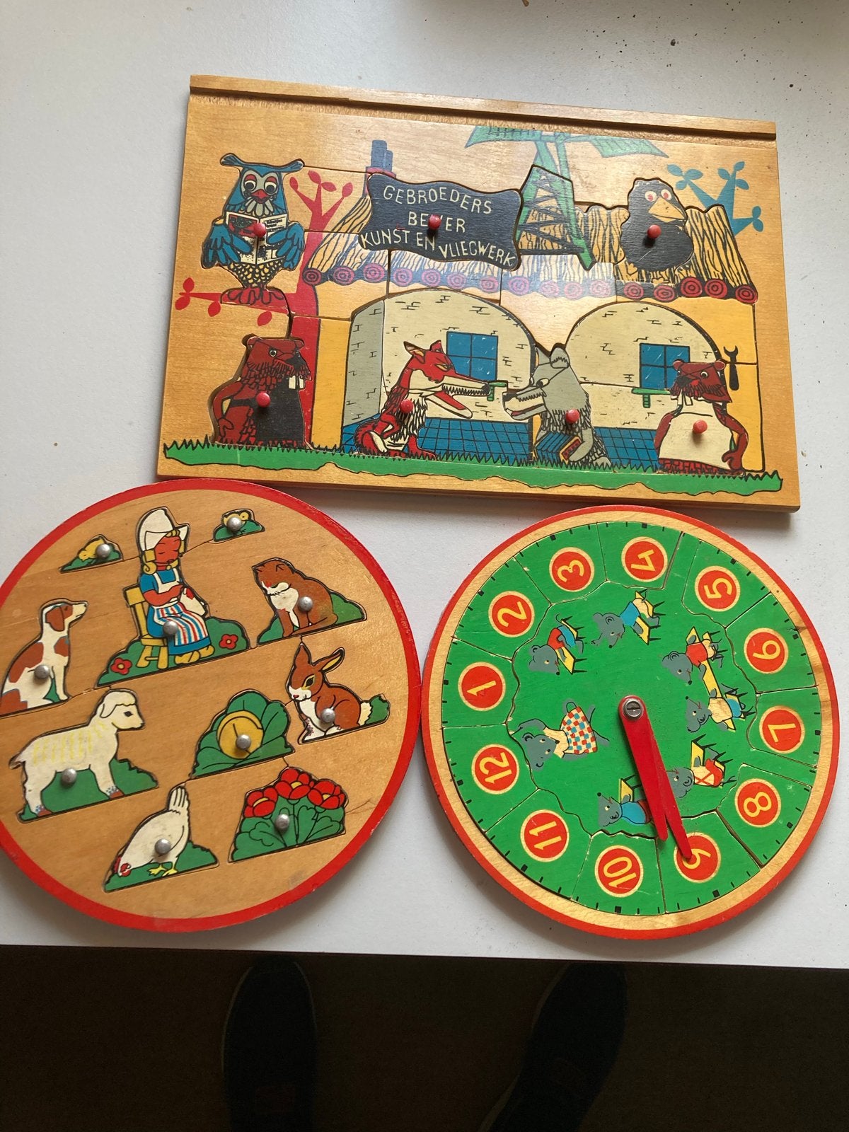 Vintage houten kinderpuzzels en klok, Ophalen of Verzenden, Gebruikt, Jongen of Meisje