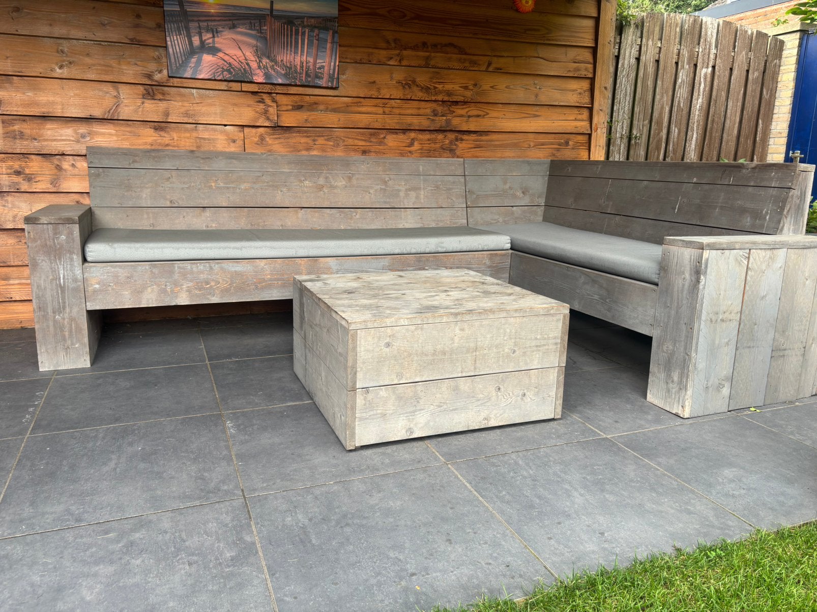 Loungeset van steigerhout, Tuin en Terras, Ophalen, 5 zitplaatsen, Gebruikt, Steigerhout