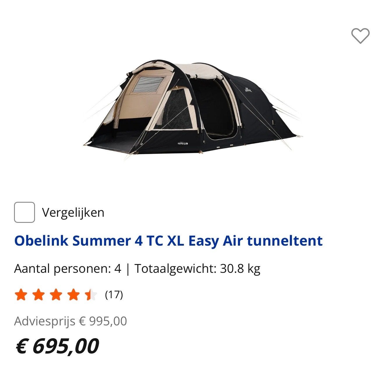 Nieuwe Obelink Summer 4 TC XL Easy Air tunneltent, Ophalen of Verzenden, Nieuw, Tot en met 4