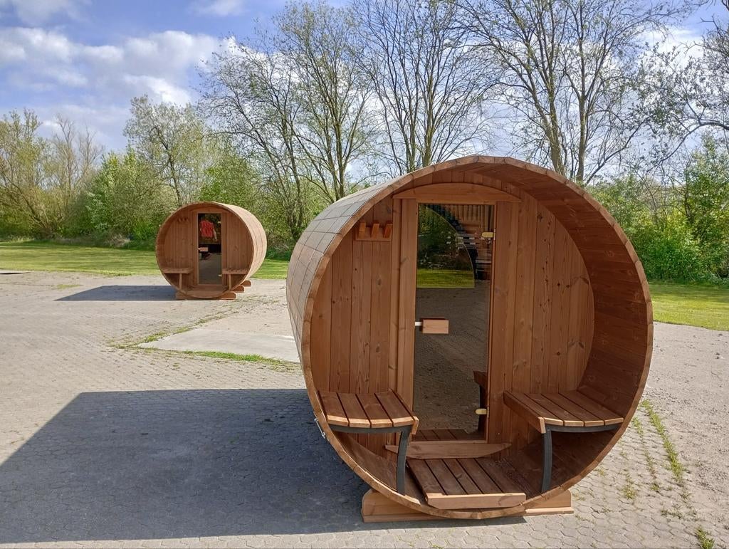 Thermohout panorama barrel sauna 300 cm, terras, abachi bank, Sport en Fitness, Sauna, Ophalen, Fins of Traditioneel, Wellnessandgarden