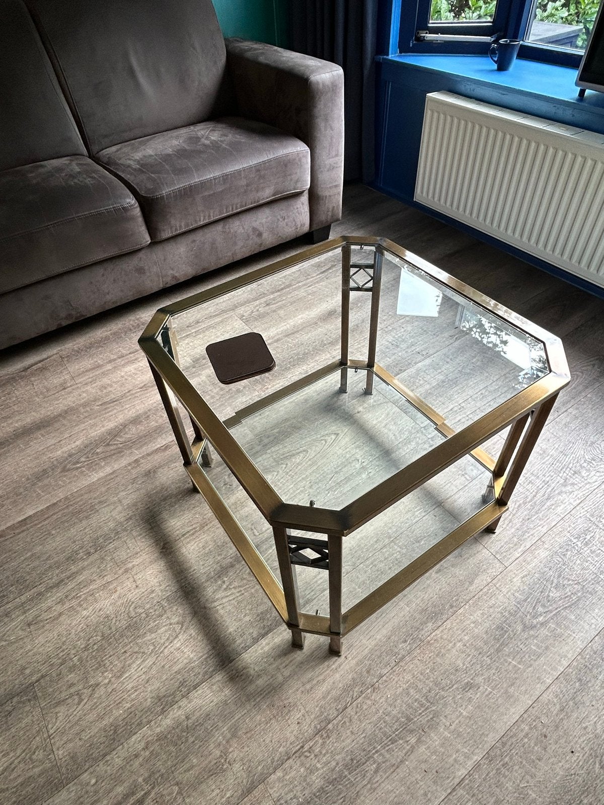 Messing / glas salontafel 60x60x50h cm, Huis en Inrichting, Gebruikt, Vierkant, Metaal, 5 – 50