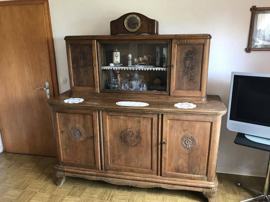 Prachtig vintage eiken buffet / woonkamerkast met vitrine, Antiek en Kunst, Antiek | Meubels | Kasten, Ophalen
