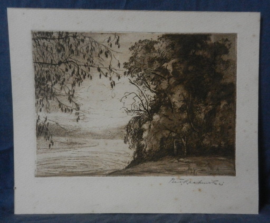 Ets Oever met bomen Piet Rackwitsz (1892-1968) 13,9x19,6 cm, Antiek en Kunst, Gesigneerd, Ets, Ophalen of Verzenden, 14 cm