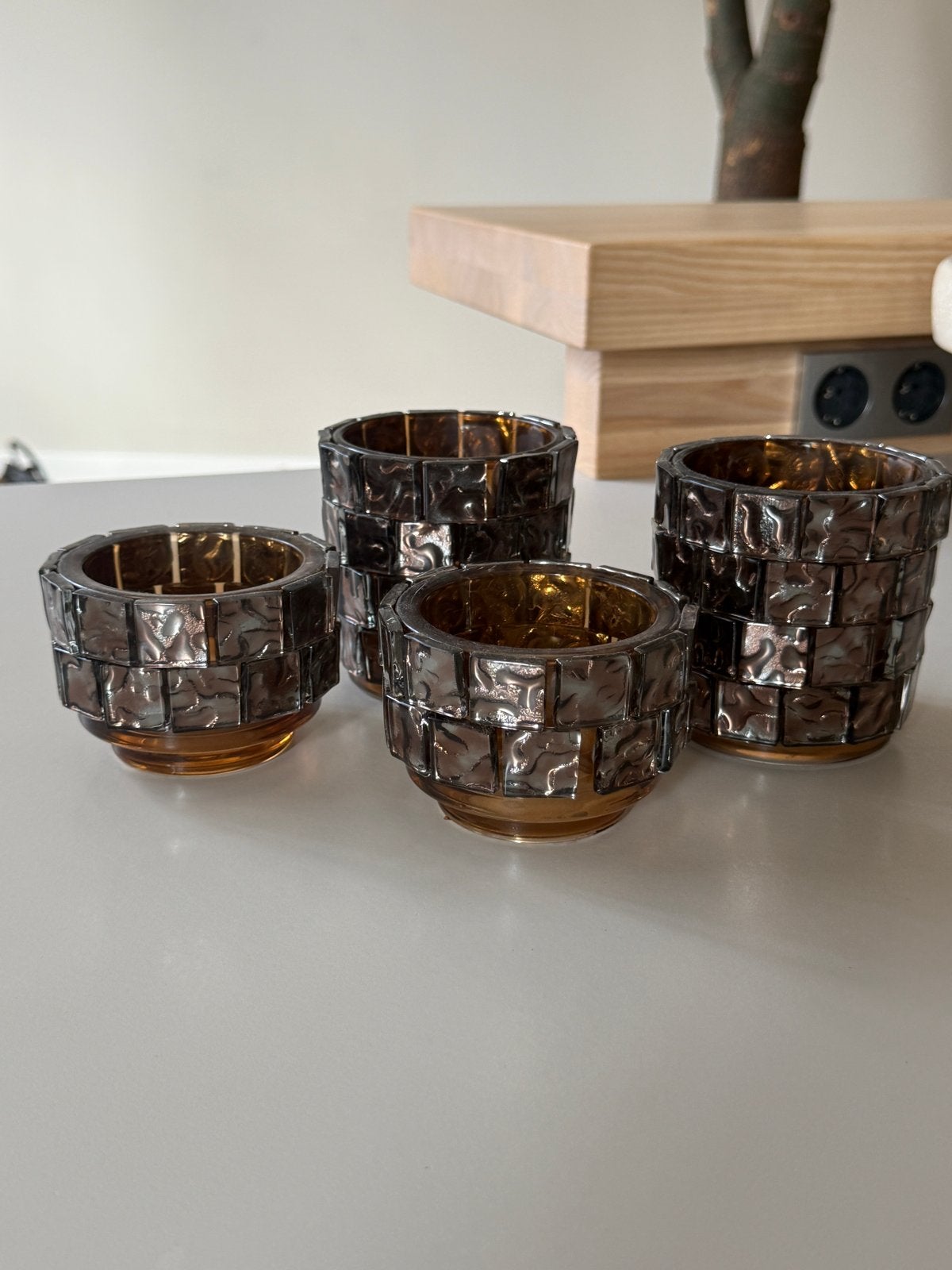 Set van 4 bruin koperen windlichten (2x 10x10cm, 2x 7x10cm), Windlicht, Bruin, Nieuw, Ophalen of Verzenden