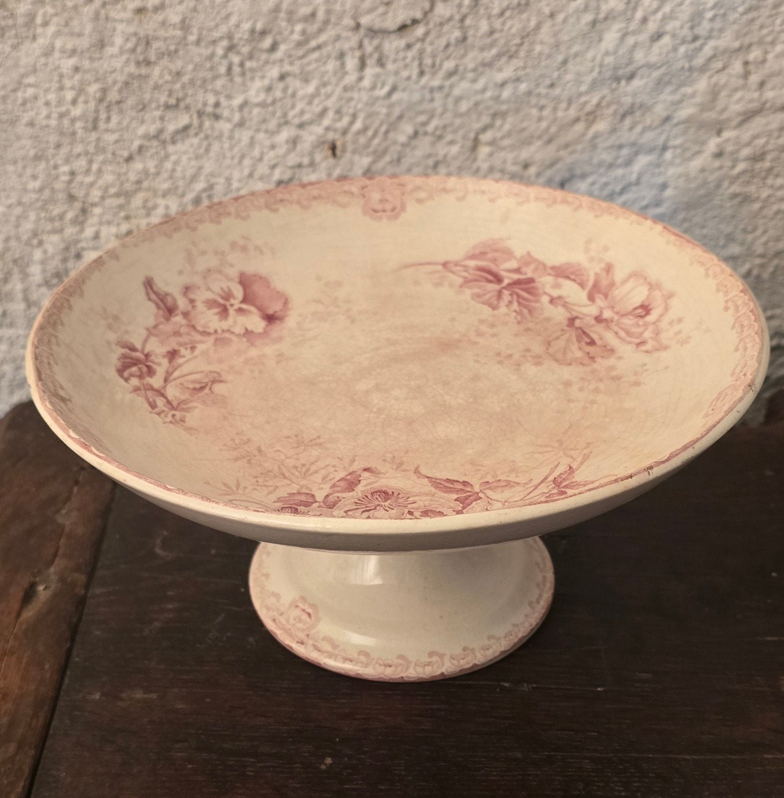 Prachtige oude Franse roze gebloemde bonbon schaal op voet, Ophalen of Verzenden