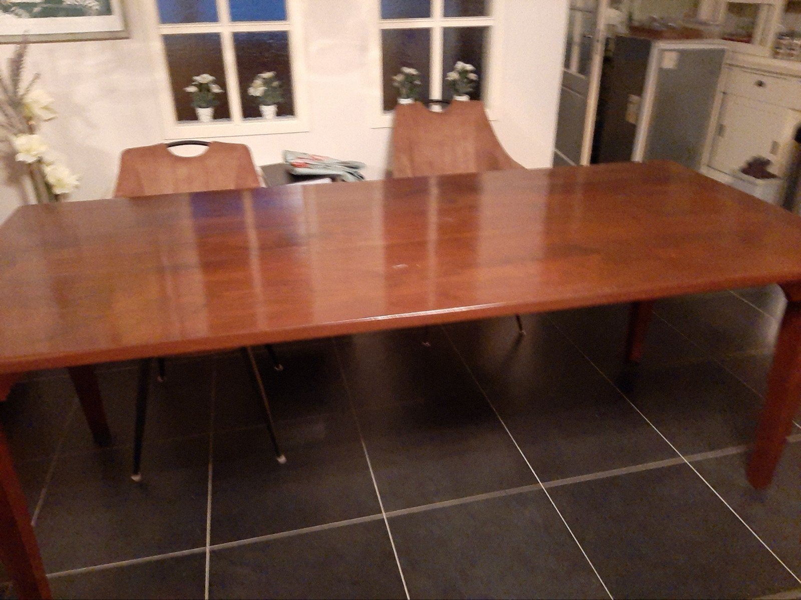 Robuuste Houten Eettafel 220x93 Teak Kersen Gekleurd, Gebruikt, Klassiek, landelijk, 150 tot 200 cm, Vier personen