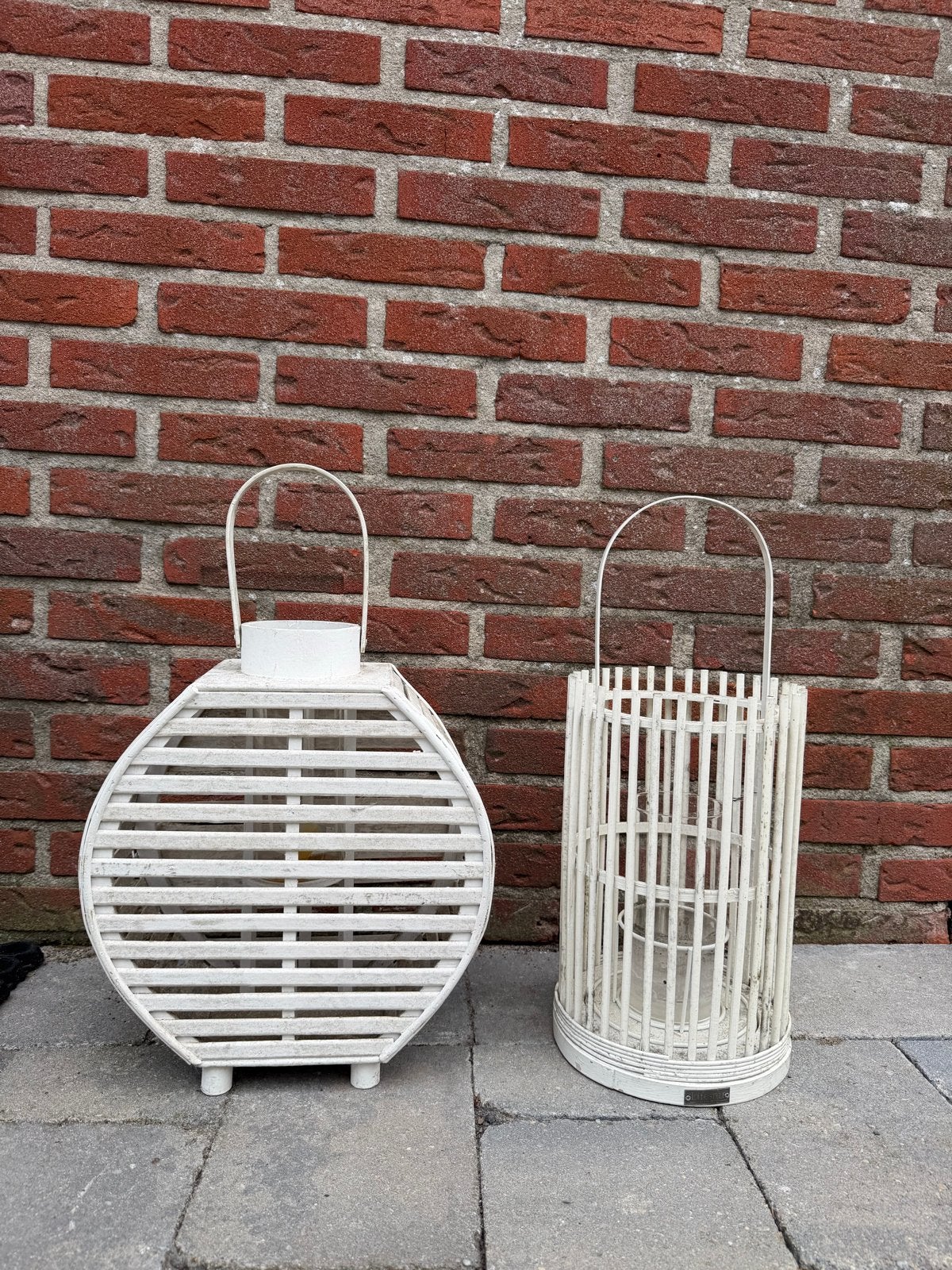 Set van 2 Witte Rotan Lantaarns/Windlichten, Ophalen, Gebruikt, Lantaarn, Natuurlijk materiaal