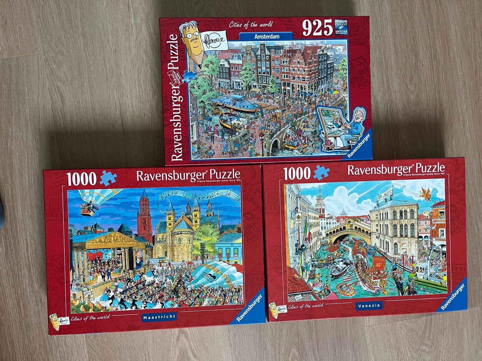 Set van 3 puzzels Fleroux cities of the world ZGAN, Ophalen of Verzenden, 500 t/m 1500 stukjes, Zo goed als nieuw, Legpuzzel