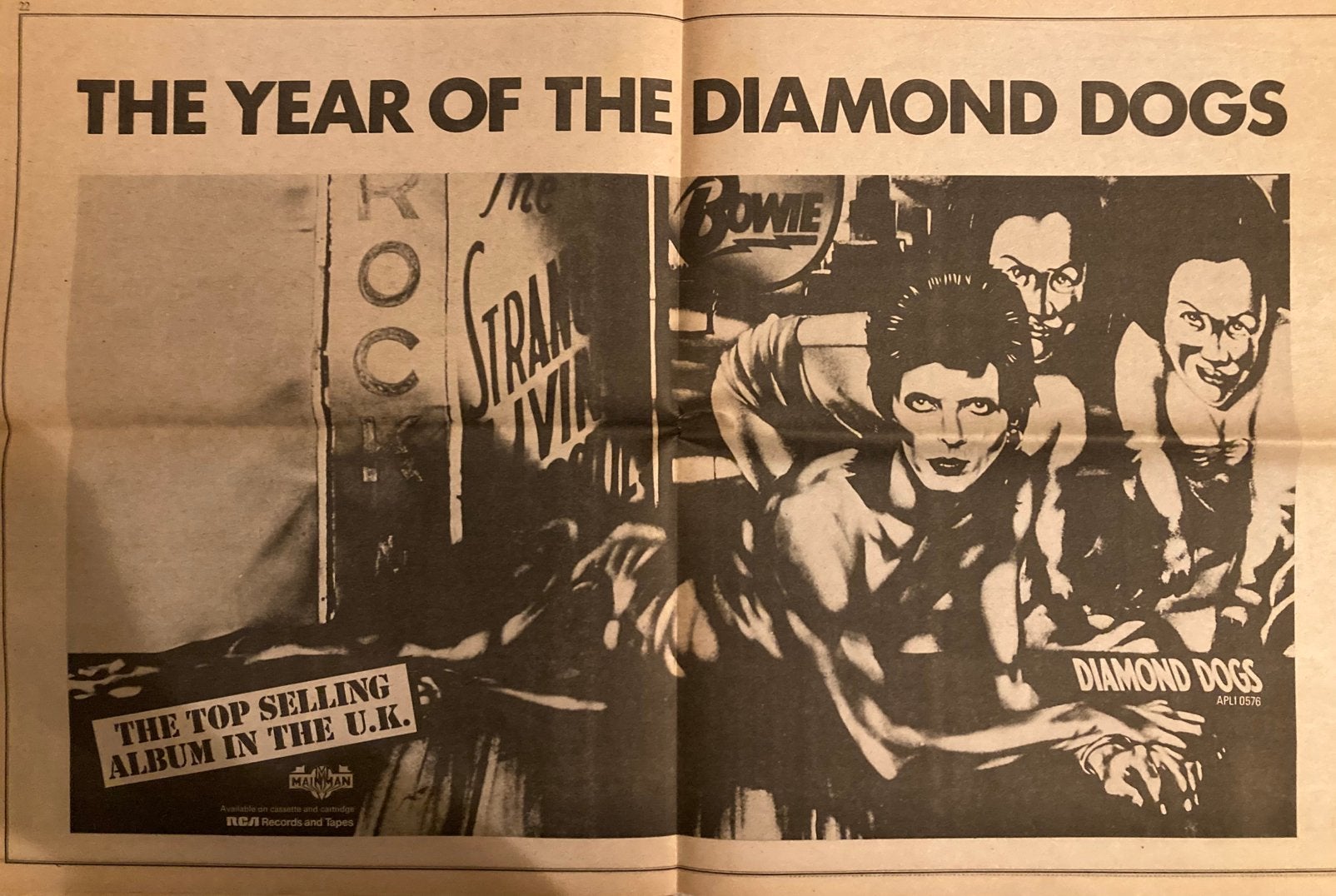 Paginagrote A2 advertentie DAVID BOWIE Diamond Dogs release, Ophalen of Verzenden
