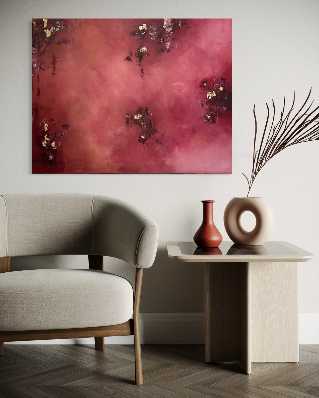 Abstract schilderij 90x70 | Bordeaux | goud accenten, Ophalen of Verzenden