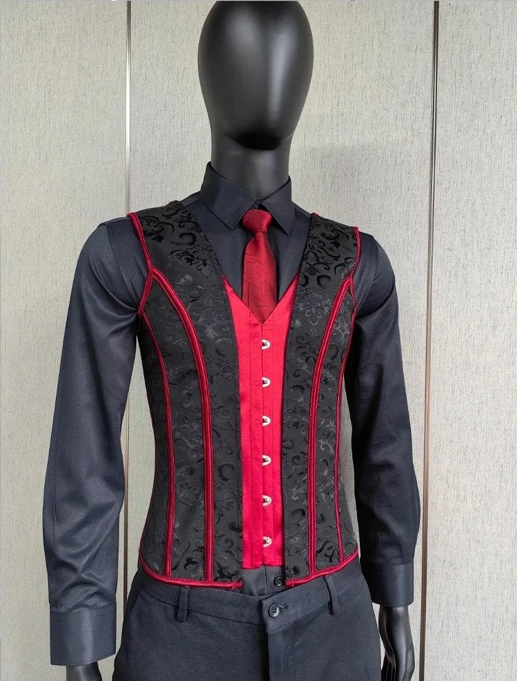 Heren zwart rood middeleeuws korset steampunk gothic, Verzenden, Nieuw, Overige maten, Kleding