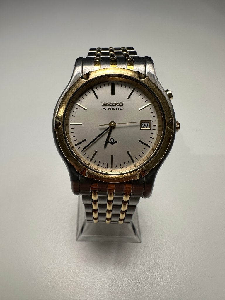 Vintage Seiko Kinetic Herenhorloge (Jaren '90) – Tweekleurig, Staal, Verzenden, Polshorloge, Zo goed als nieuw