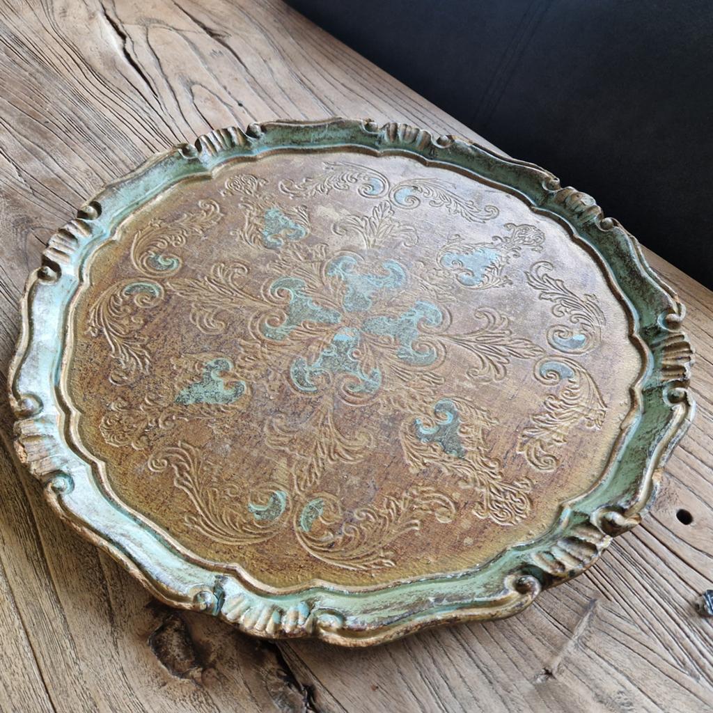 Brocante dienblad rond - 33.5cm doorsnede, Ophalen of Verzenden, Gebruikt, Rond, Hout