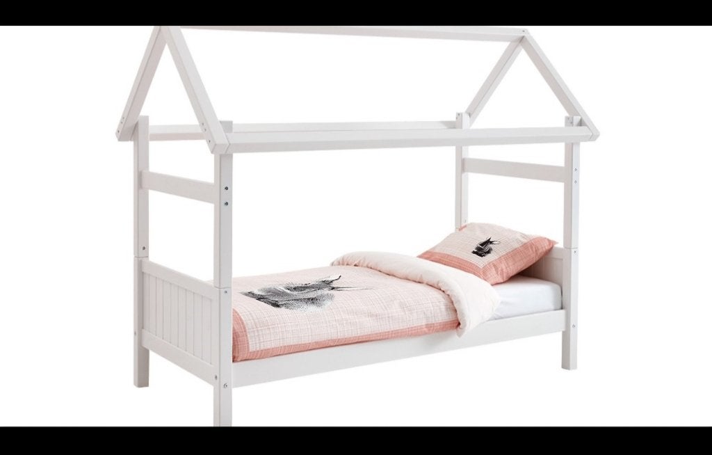 Bed dakframe huisje, Ophalen, 90 cm, Eenpersoons, Wit
