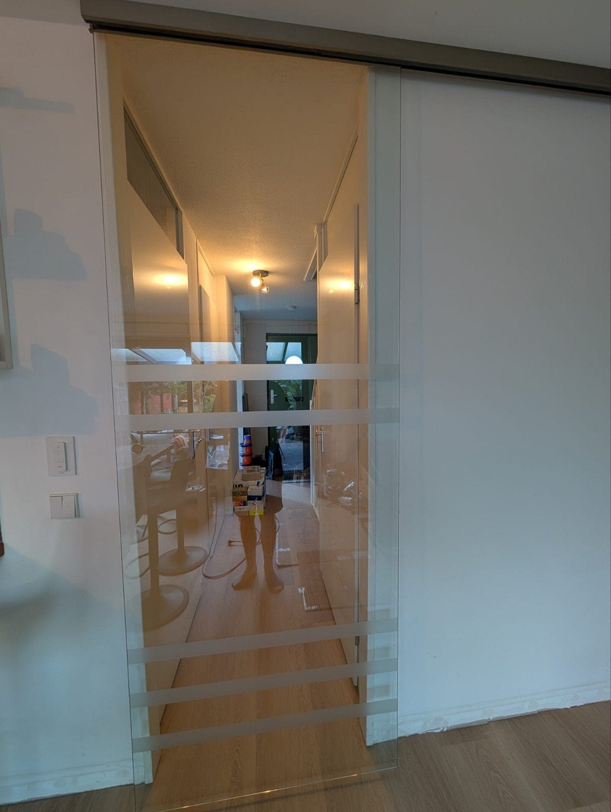 Glazen schuifdeur met melkglas strepen, Ophalen, Gebruikt, 80 tot 100 cm, 215 cm of meer