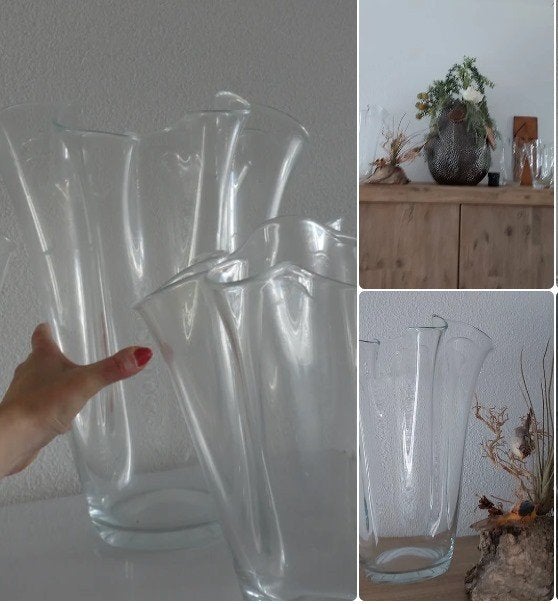 Vaas golvende rand zakdoek vaas vintage set 4 stuks, Ophalen of Verzenden, Zo goed als nieuw, Wit, Glas